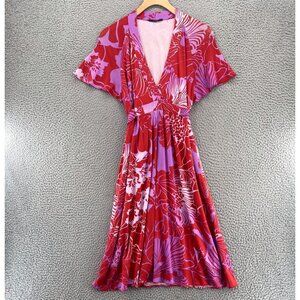 Elie Tahari Dress Womens Medium Red Purple Floral Short Sleeve Empire Waist Mini